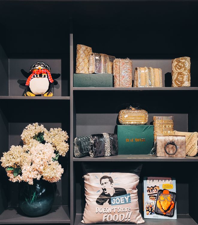 Retail merchandise arranged on a designed display shelving system